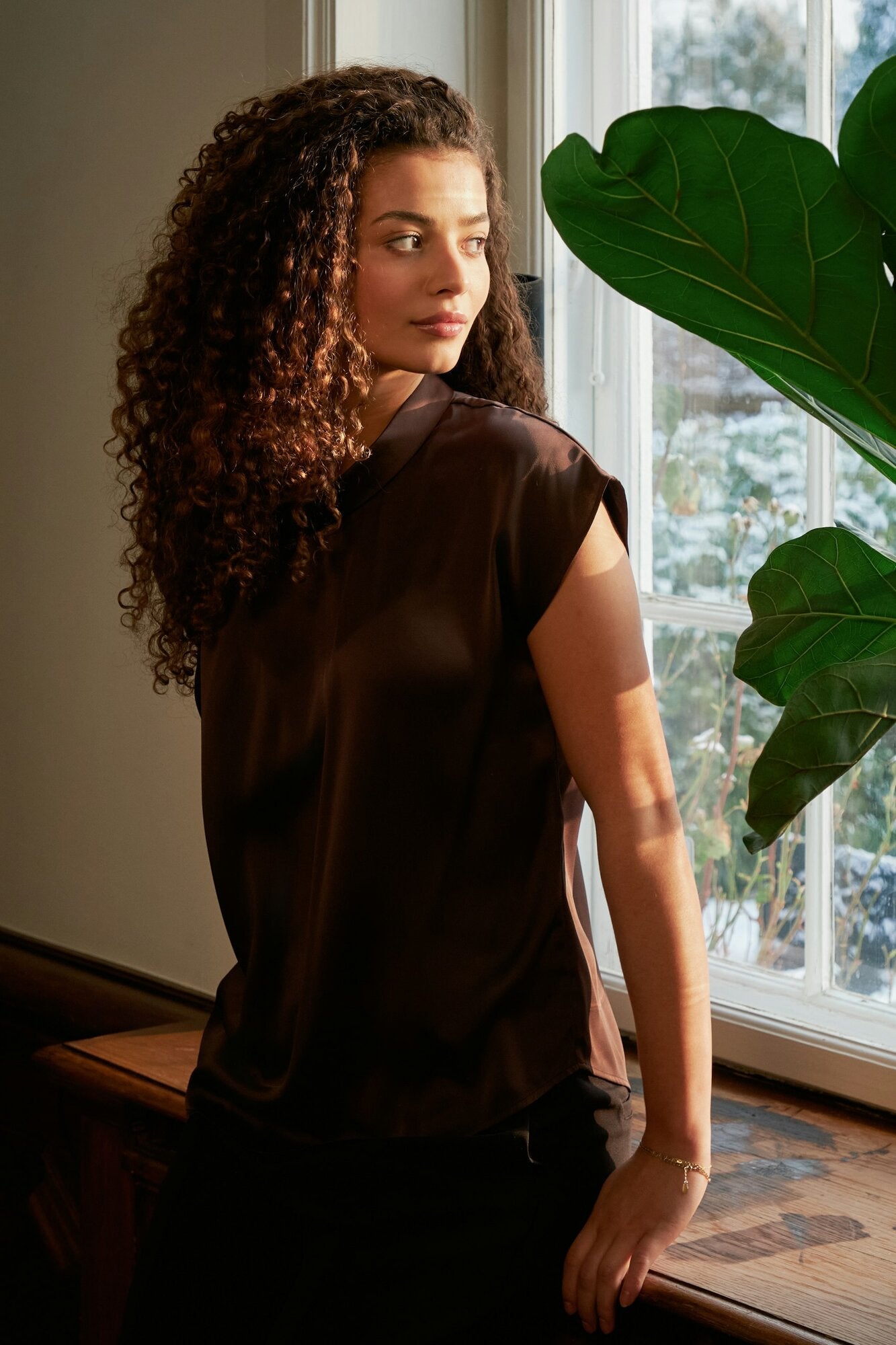 Fleur Drapy Satin bluse - Dark Brown